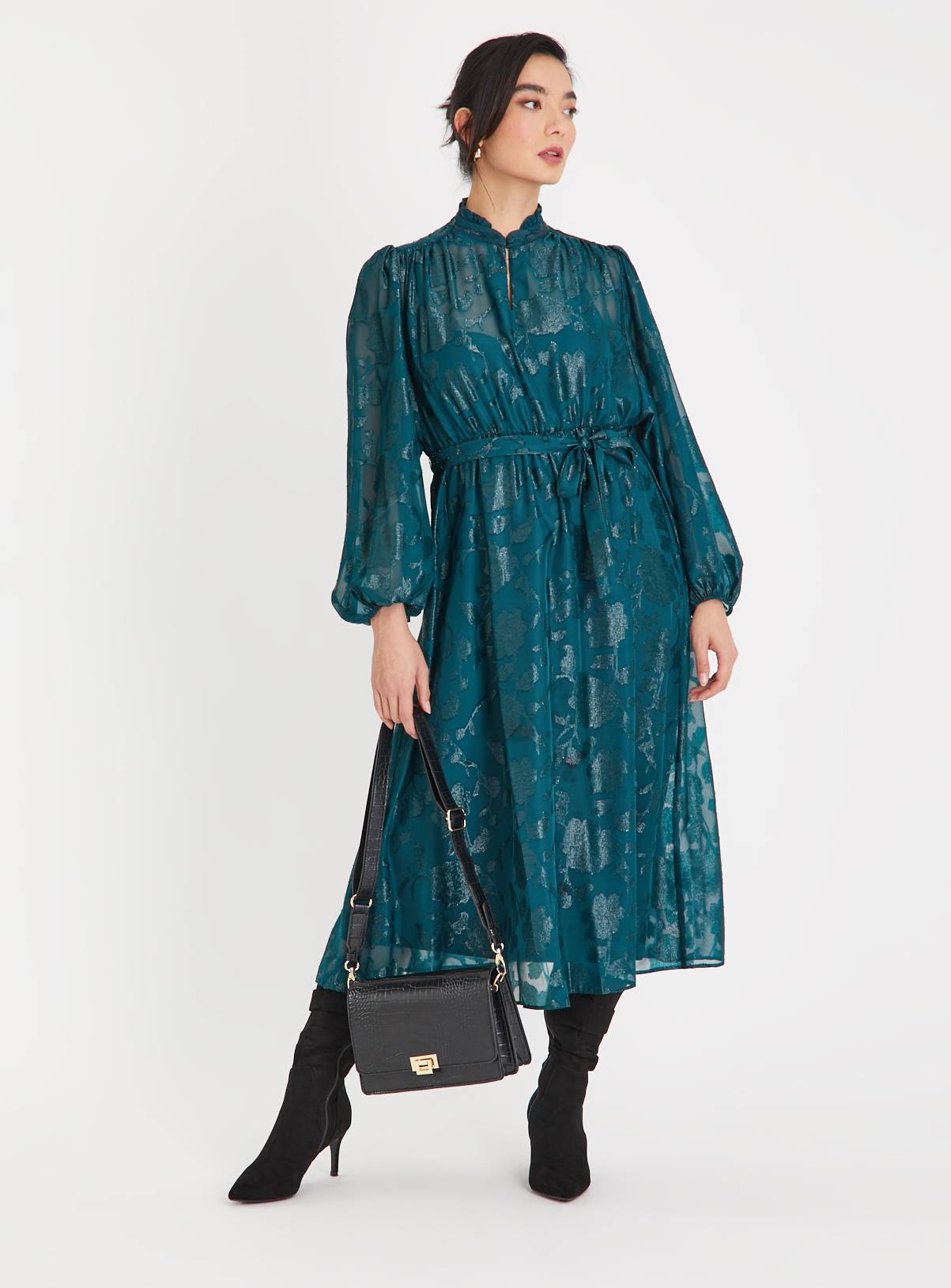 Green Jacquard Floral Belted Midi Dress 10 - Image 1